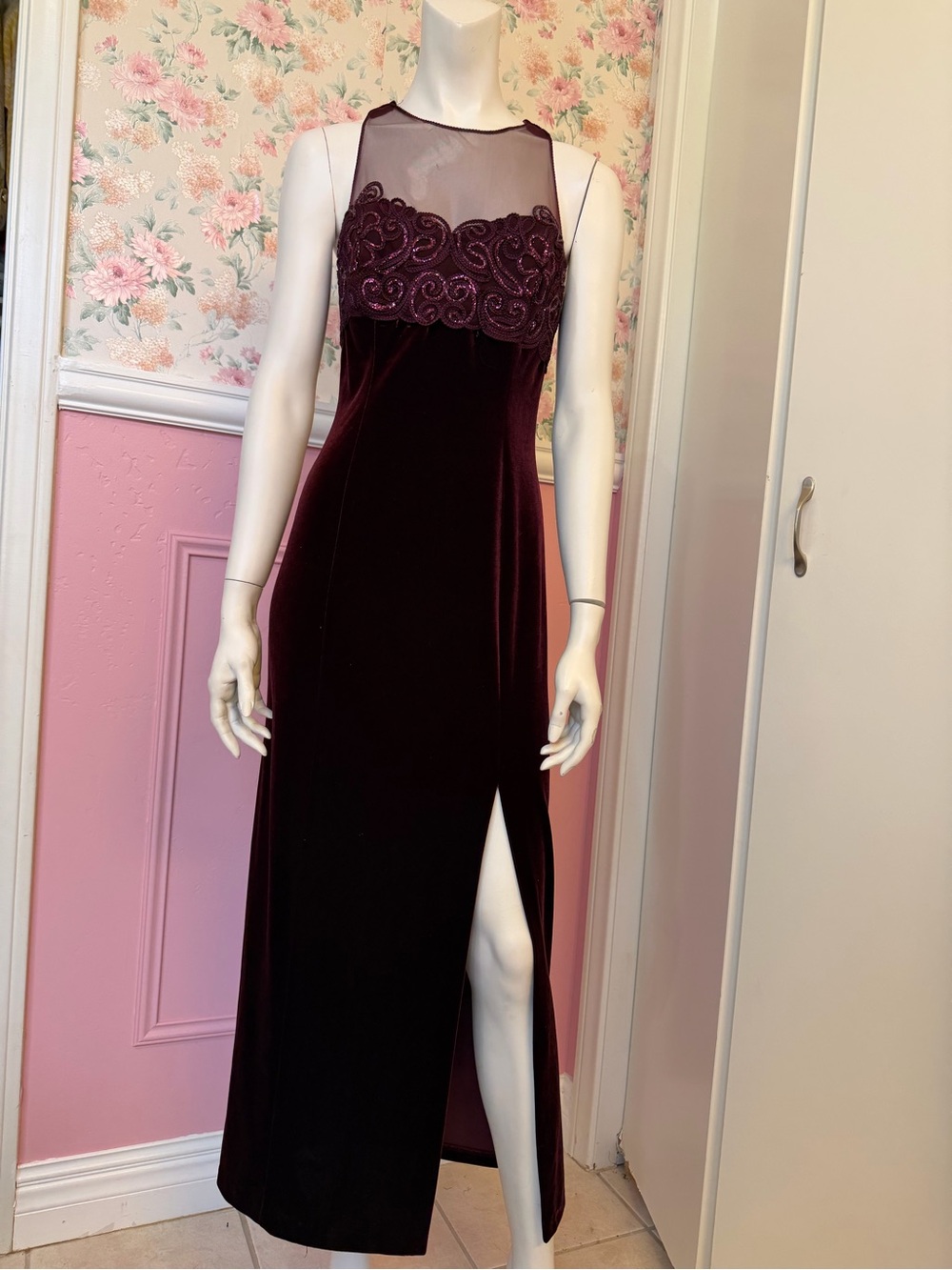 American Vintage Burgundy Velvet Maxi Dress with Sheer Yoke